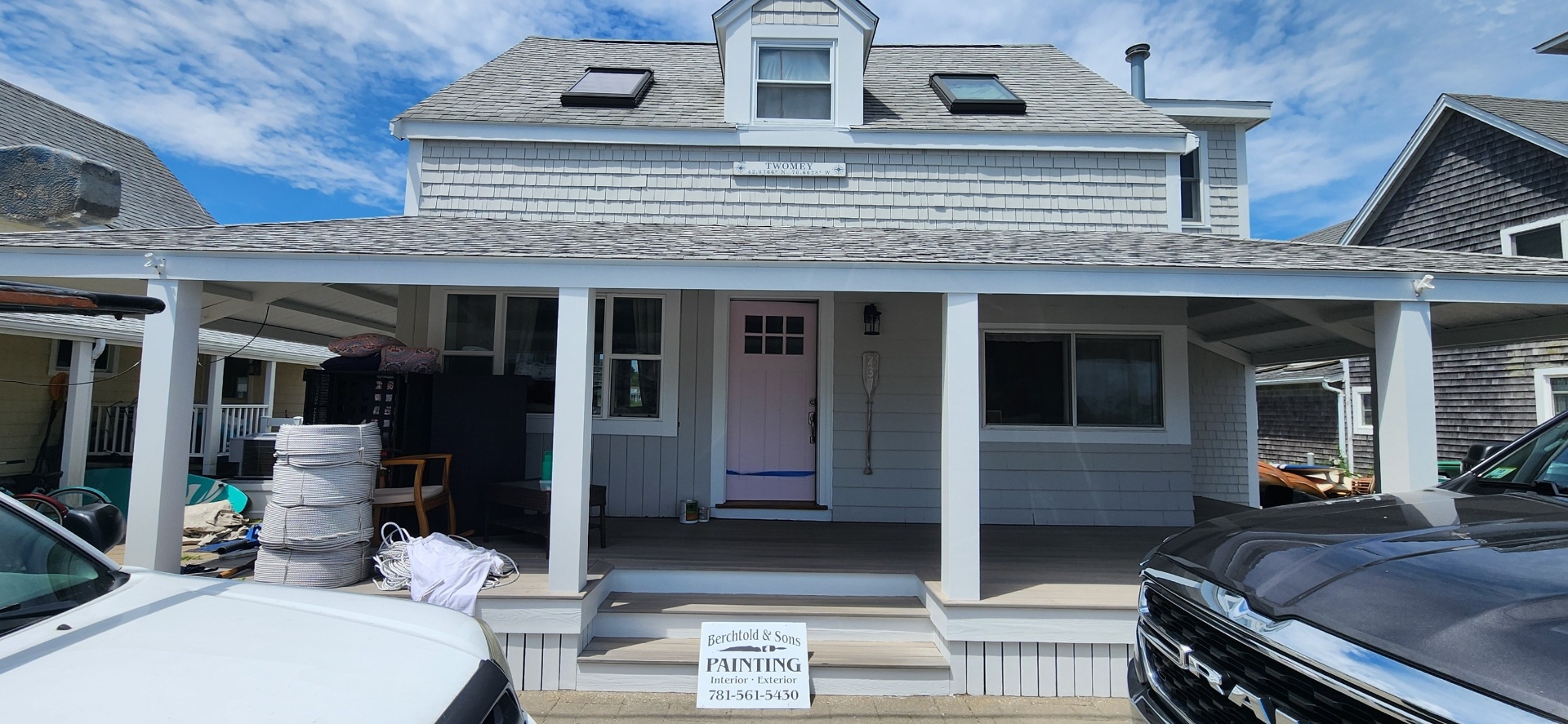 Berchtold & Sons painters on-site at a South Shore Massachusetts coastal shingle home